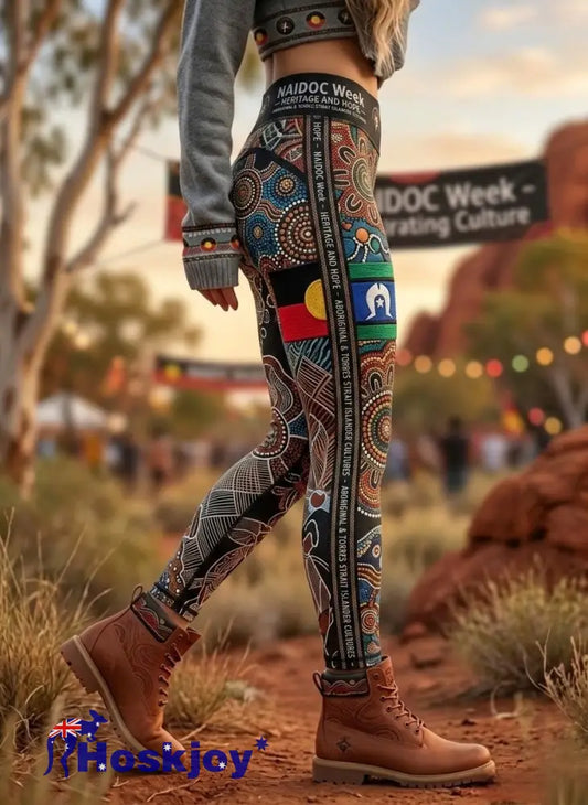 Women’s AU Aboriginal Art NAIDOC Week Printed Sports Stretch Leggings - Black / S