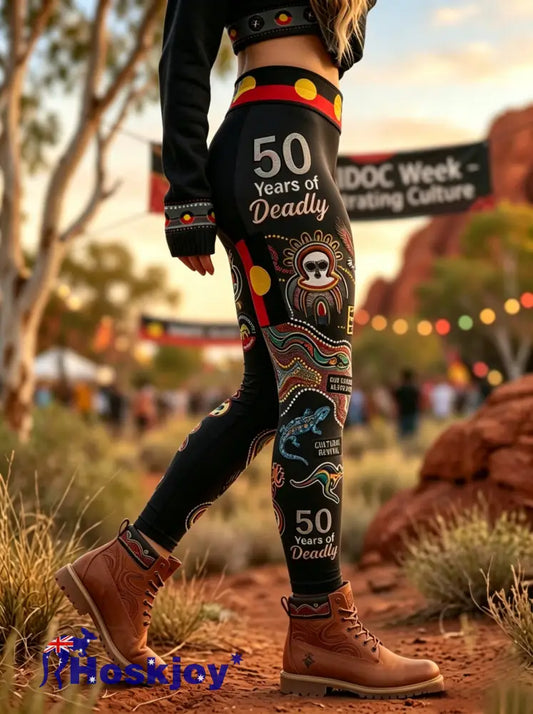 Women’s AU Aboriginal Art NAIDOC Week Printed Sports Stretch Leggings - Black / S