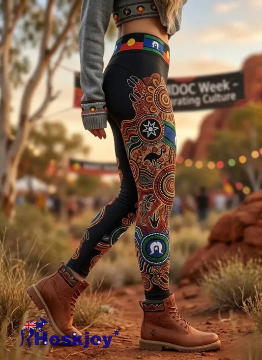 Women’s AU Aboriginal Art NAIDOC Week Printed Sports Stretch Leggings - Black / S