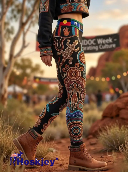 Women’s AU Aboriginal Art NAIDOC Week Printed Sports Stretch Leggings - Black / S