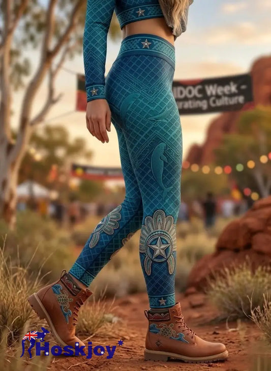 Women’s AU Aboriginal Art NAIDOC Week Printed Sports Stretch Leggings - Blue / S