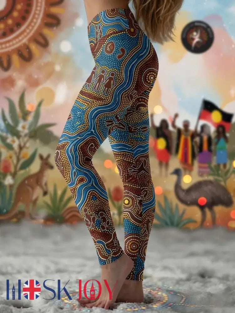 Women’s AU Aboriginal Art NAIDOC Week Printed Sports Stretch Leggings - Blue / S