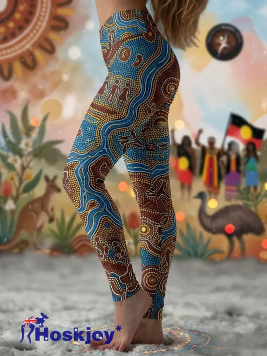 Women’s AU Aboriginal Art NAIDOC Week Printed Sports Stretch Leggings - Blue / S