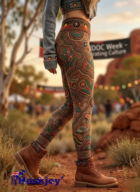 Women’s AU Aboriginal Art NAIDOC Week Printed Sports Stretch Leggings - Brown / S
