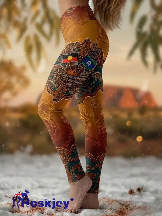 Women’s AU Aboriginal Art NAIDOC Week Printed Sports Stretch Leggings - Brown / S