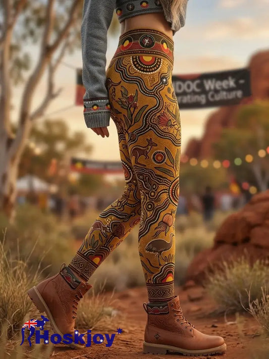Women’s AU Aboriginal Art NAIDOC Week Printed Sports Stretch Leggings - Brown / S