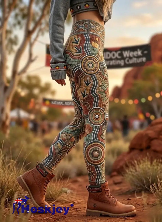 Women’s AU Aboriginal Art NAIDOC Week Printed Sports Stretch Leggings - Brown / S