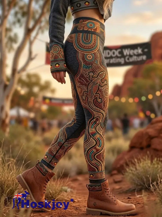 Women’s AU Aboriginal Art NAIDOC Week Printed Sports Stretch Leggings - Gray / S