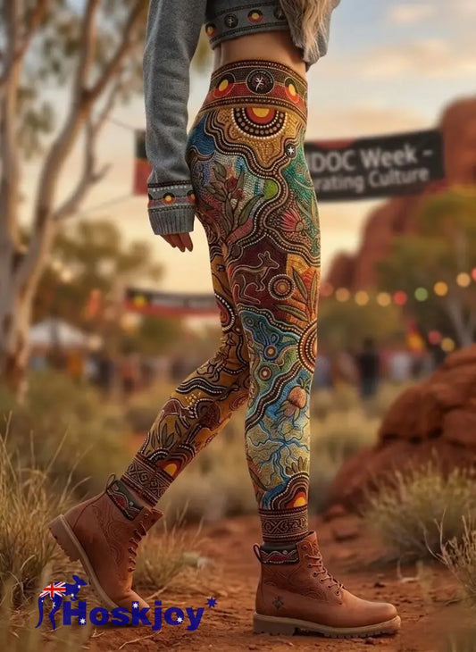 Women’s AU Aboriginal Art NAIDOC Week Printed Sports Stretch Leggings - Orange / S