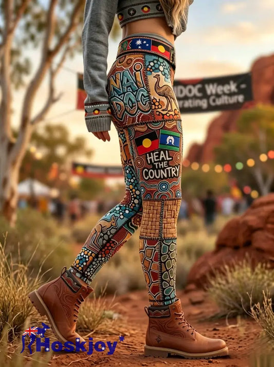 Women’s AU Aboriginal Art NAIDOC Week Printed Sports Stretch Leggings - Orange / S