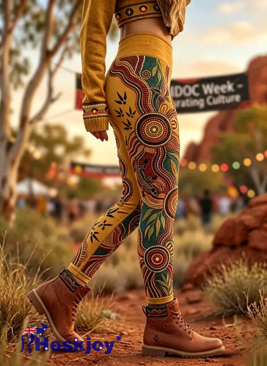 Women’s AU Aboriginal Art NAIDOC Week Printed Sports Stretch Leggings - Yellow / S