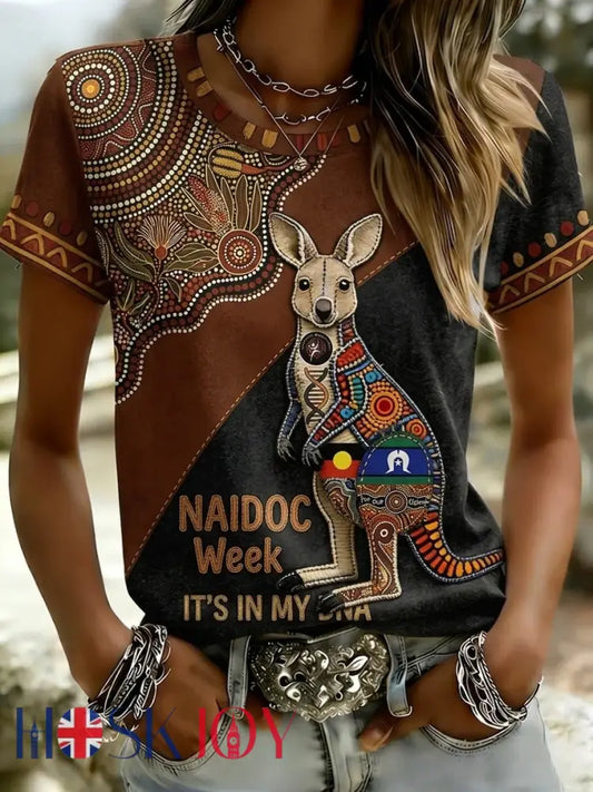 Women’s AU Aboriginal Art NAIDOC Week Printed T-Shirt - Brown / S