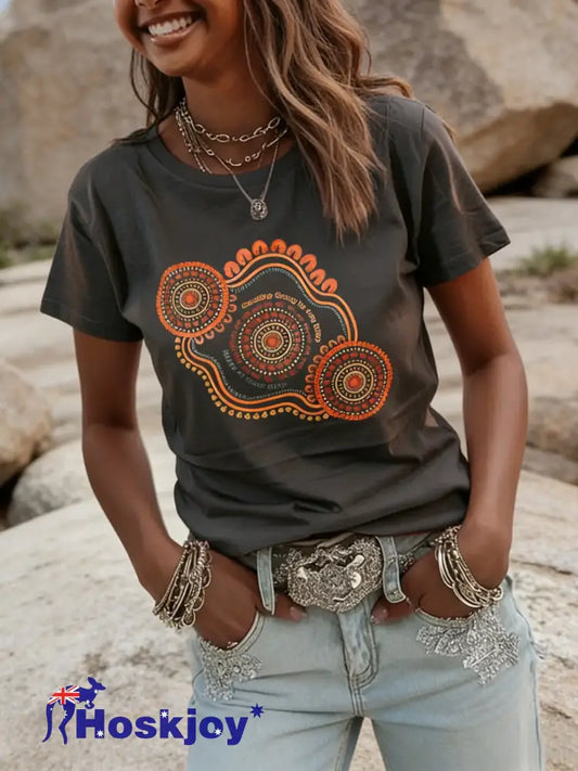 Women’s AU Aboriginal Art NAIDOC Week Printed T-Shirt - Dark Gray / S
