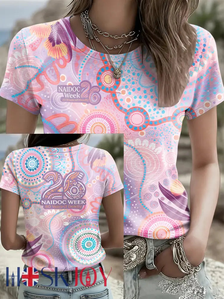 Women’s AU Aboriginal Art NAIDOC Week Printed T-Shirt Pink / S