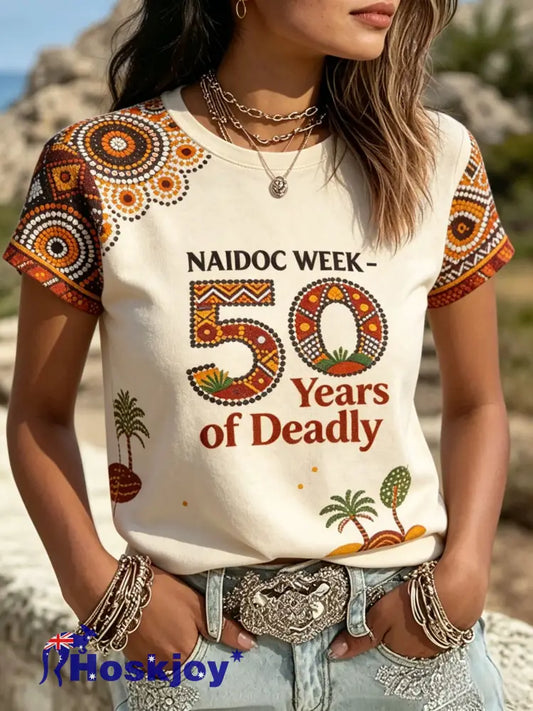 Women’s AU Aboriginal Art NAIDOC Week Printed Tops - Beige / S