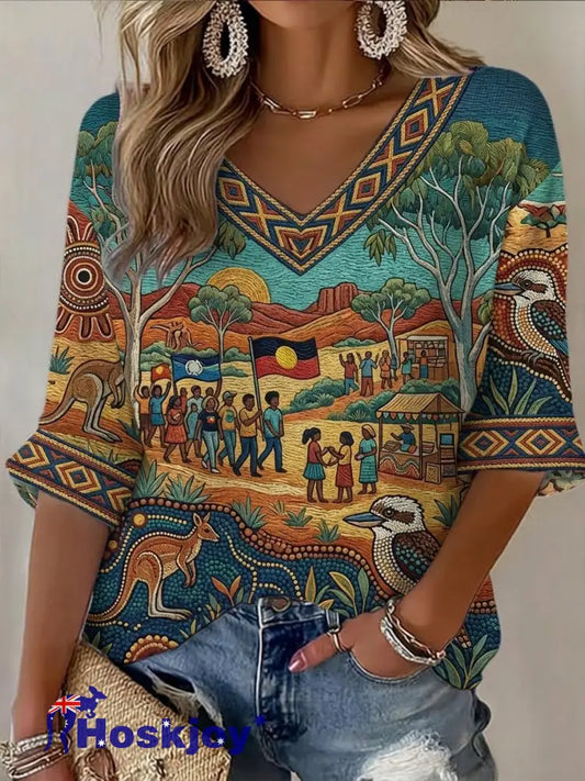 Women’s AU Aboriginal Art NAIDOC Week Printed Tops - Green / S