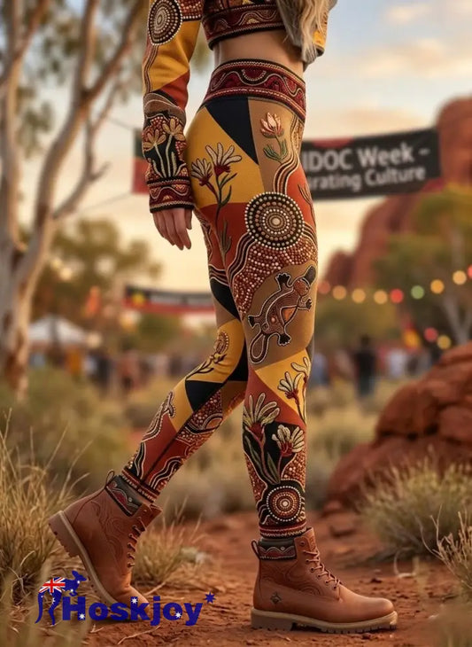 Women’s AU Aboriginal Art NAIDOC Week Sports Stretch Leggings - Orange / S
