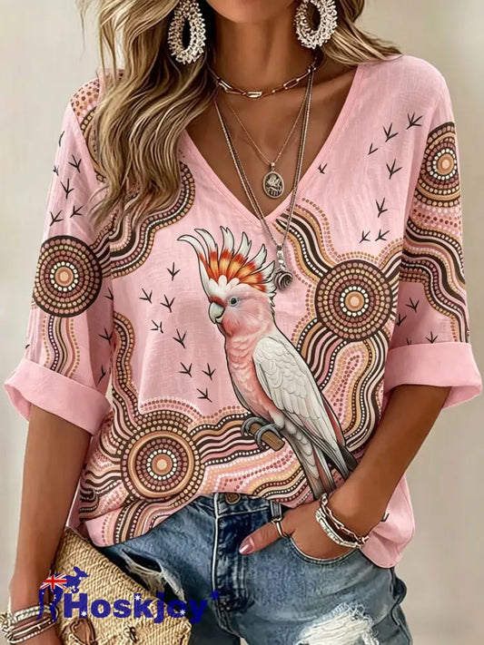 Women’s AU Aboriginal Art NAIDOC Week V-Neck T-Shirt - Pink / S