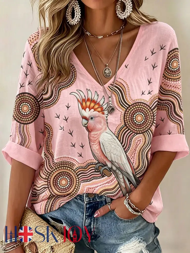 Women’s AU Aboriginal Art NAIDOC Week V-Neck T-Shirt - Pink / S