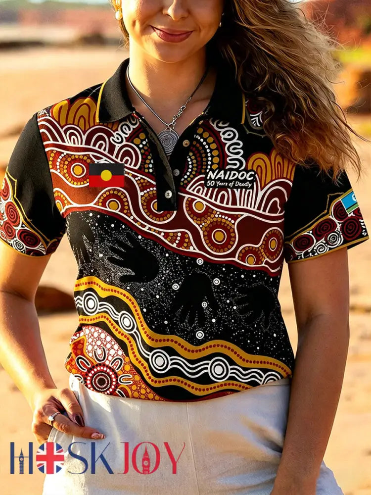 Women’s AU Aboriginal Culture 50 Years of Deadly NAIDOC WEEK Printed Casual Tops - Black / S