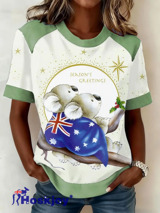 Women’s AU Art Funny Koala Christmas Printed T-shirt Green / S
