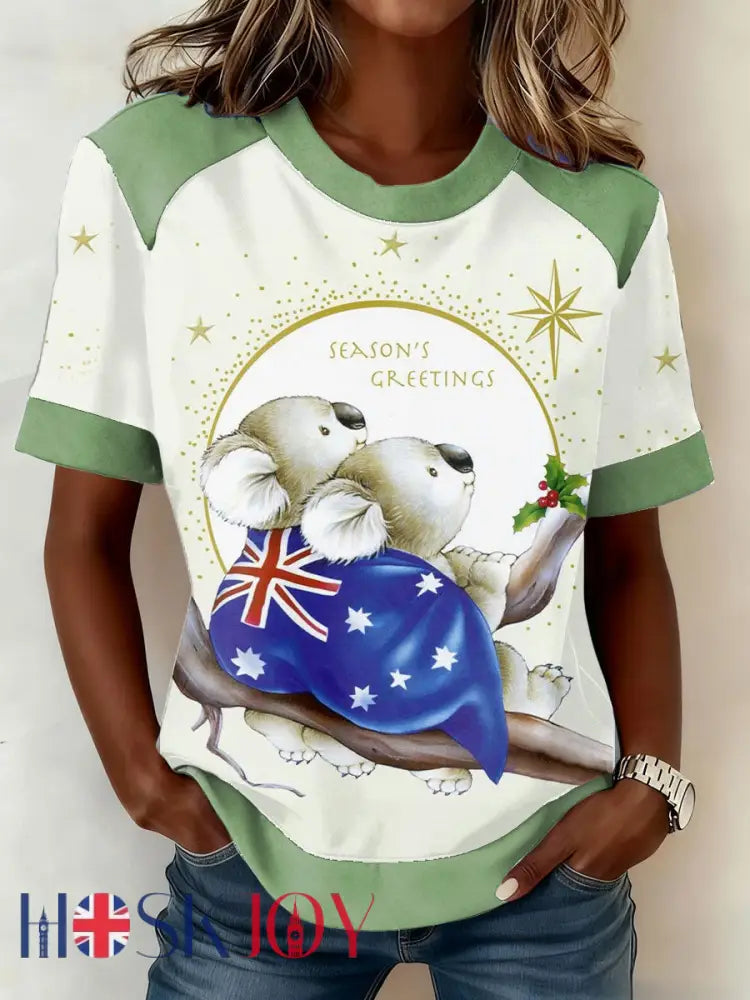 Women’s AU Art Funny Koala Christmas Printed T-shirt Green / S
