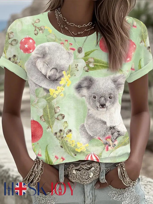 Women’s AU Art Funny Koala Christmas Printed T-shirt Light Green / S