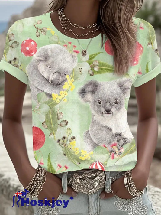 Women’s AU Art Funny Koala Christmas Printed T-shirt Light Green / S