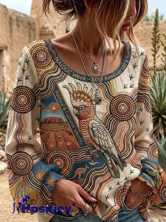 Women’s AU Cockatoo Aboriginal Art NAIDOC Week Printed Top - Khaki / S