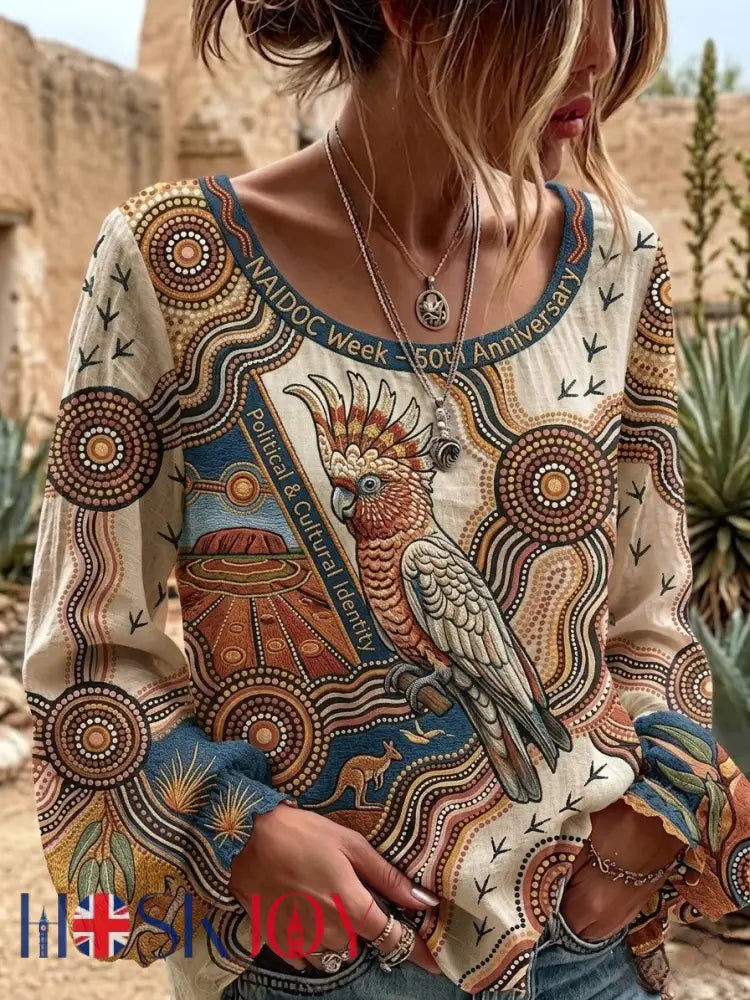 Women’s AU Cockatoo Aboriginal Art NAIDOC Week Printed Top - Khaki / S
