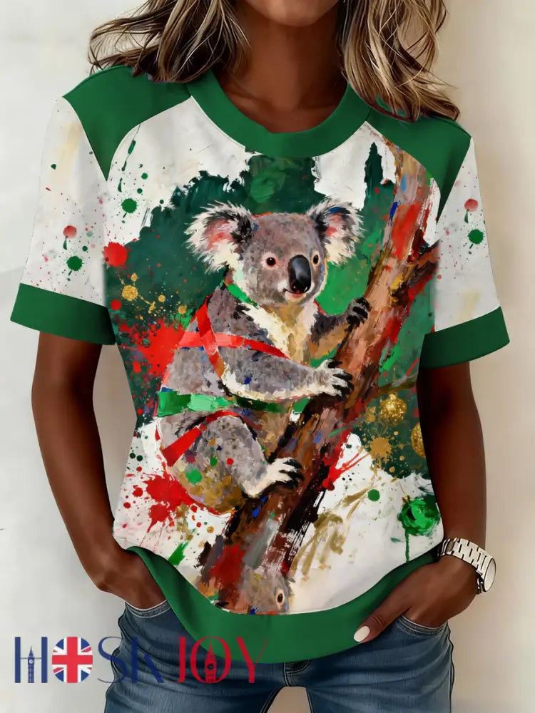 Women’s AU Christmas Koala Art Printed T-shirt Green / S