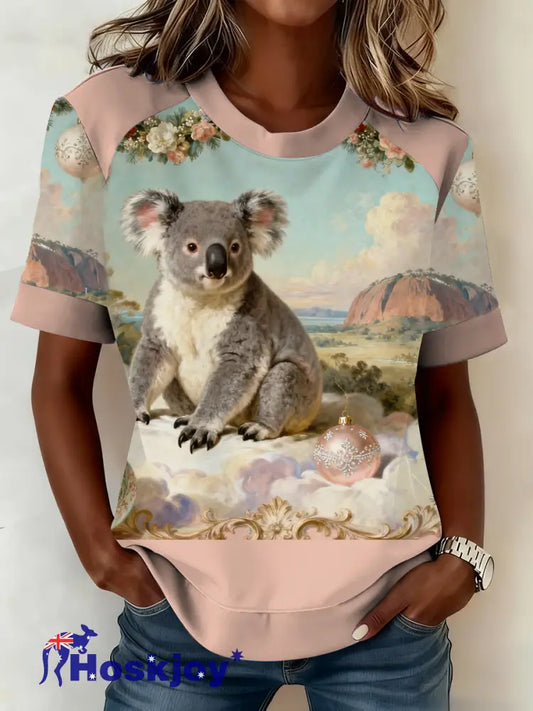 Women’s AU Christmas Koala Art Printed T-shirt Pink / S