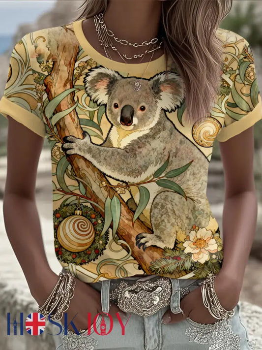 Women’s AU Christmas Koala Art Printed T-shirt Yellow / S