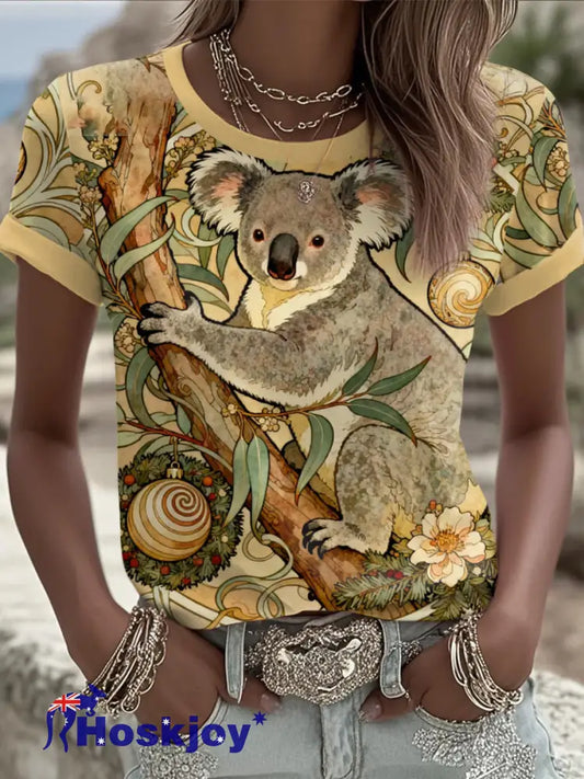 Women’s AU Christmas Koala Art Printed T-shirt Yellow / S