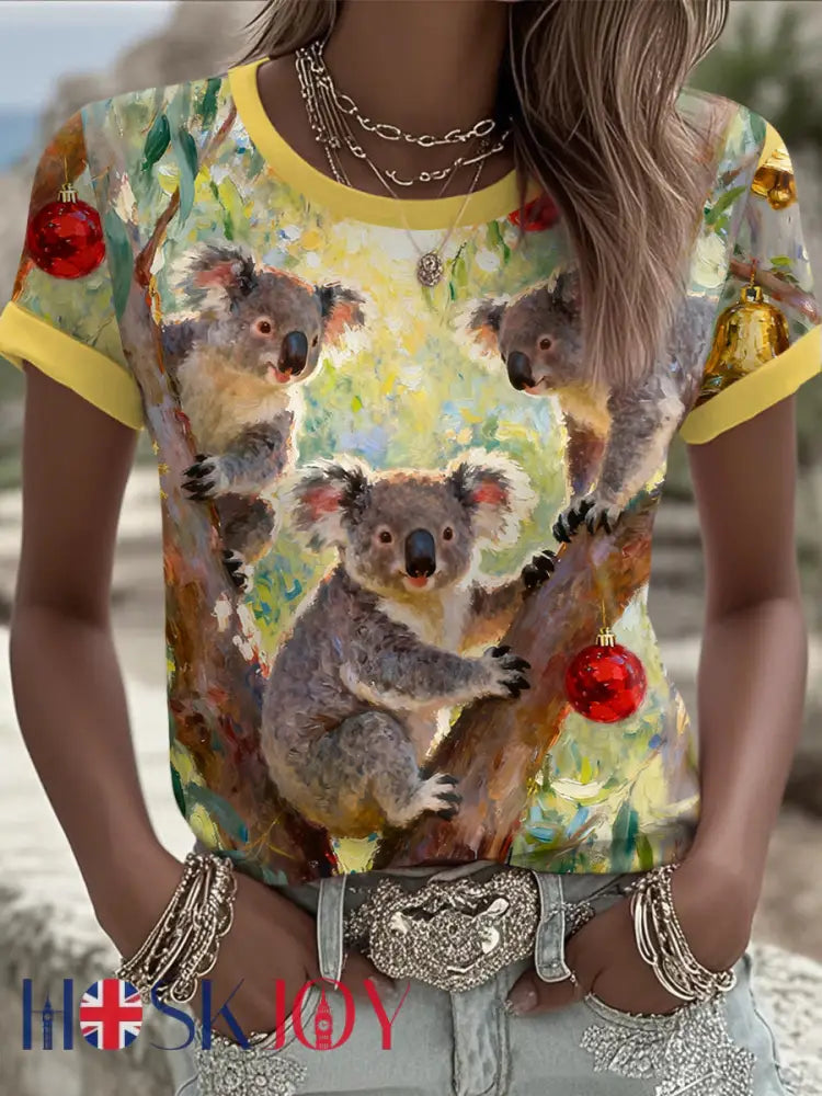 Women’s AU Christmas Koala Art Printed T-shirt Yellow / S