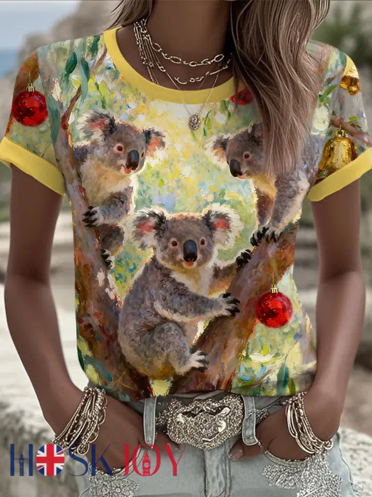 Women’s AU Christmas Koala Art Printed T-shirt Yellow / S