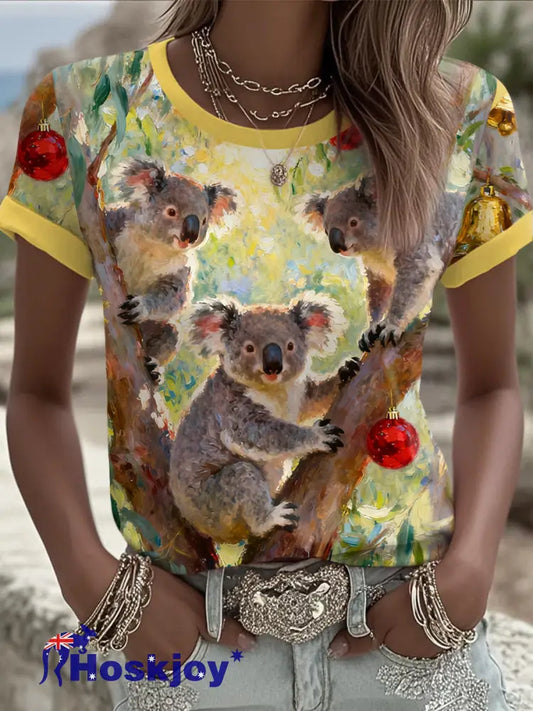 Women’s AU Christmas Koala Art Printed T-shirt Yellow / S