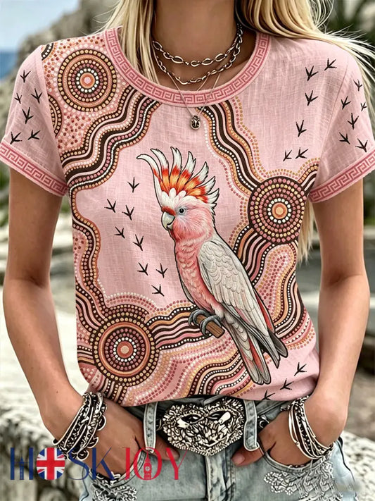 Women’s Australia Cockatoo Aboriginal Art Linen Short Sleeves Top - As picture / S