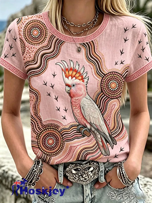 Women’s Australia Cockatoo Aboriginal Art Linen Short Sleeves Top - As picture / S