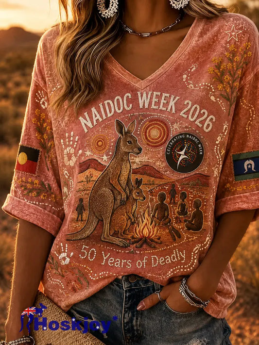 Women’s Australia Naidoc Week Pattern Linen V-Neck Shirt - A / S