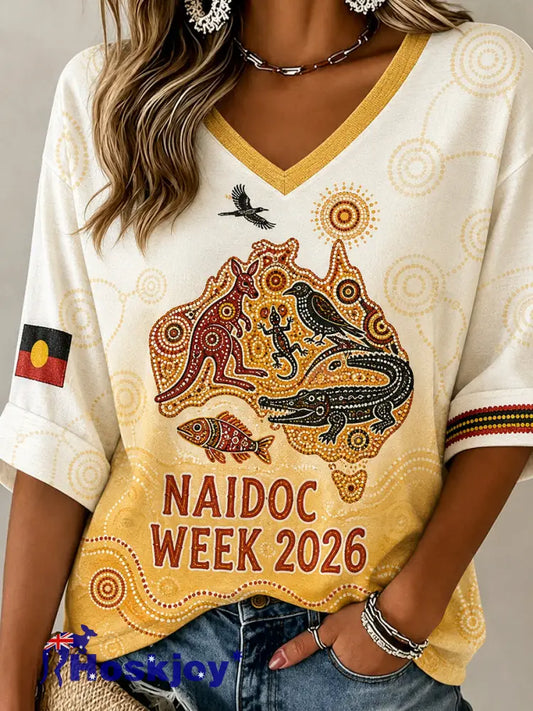 Women’s Australia NAIDOC WEEK Pattern Linen V-Neck Shirt - A / S