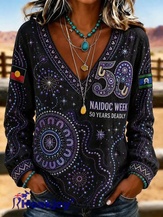 Women’s Australia NAIDOC WEEK Print Casual V-Neck T-Shirt - A / S