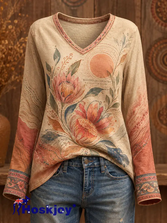 Women’s Australian Aboriginal Culture Art Printed Linen Tops - Apricot / S