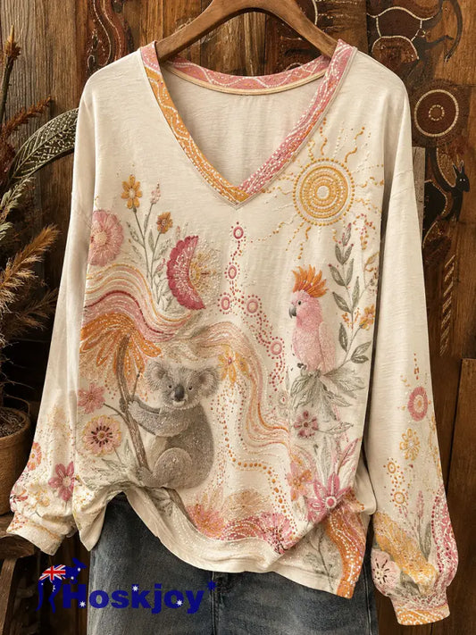 Women’s Australian Aboriginal Culture Art Printed Linen Tops - Apricot / S