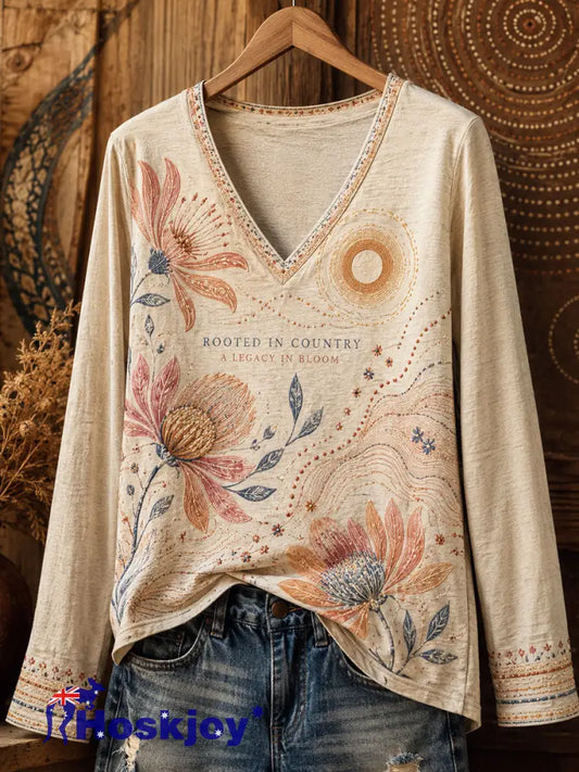 Women’s Australian Aboriginal Culture Art Printed Linen Tops - Apricot / S