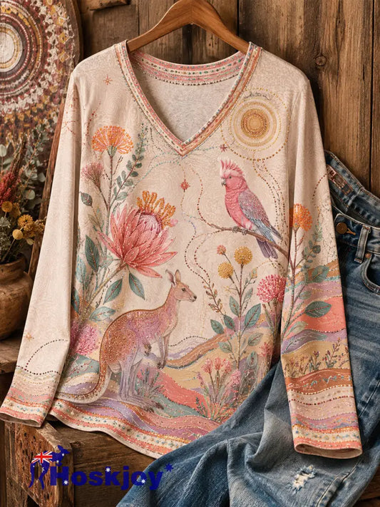 Women’s Australian Aboriginal Culture Art Printed Linen Tops - Apricot / S