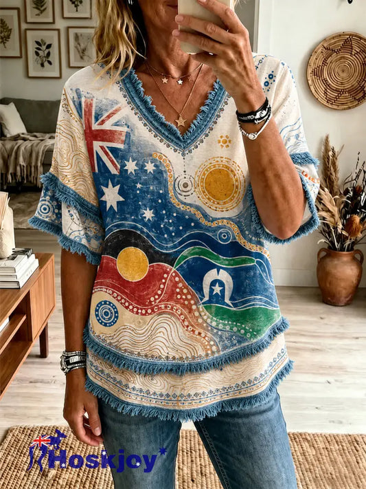 Women’s Australian Aboriginal Culture Art Printed Linen Tops - As picture / S