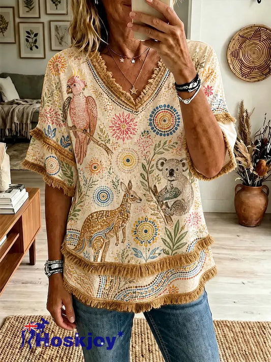 Women’s Australian Aboriginal Culture Art Printed Linen Tops - As picture / S