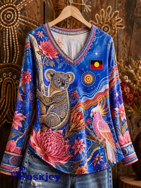 Women’s Australian Aboriginal Culture Art Printed Linen Tops - Blue / S