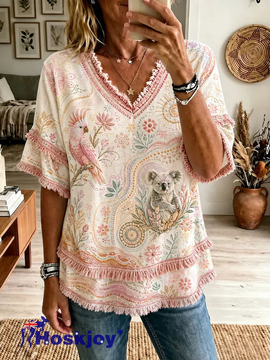 Women’s Australian Aboriginal Culture Art Printed Linen Tops - Pink / S